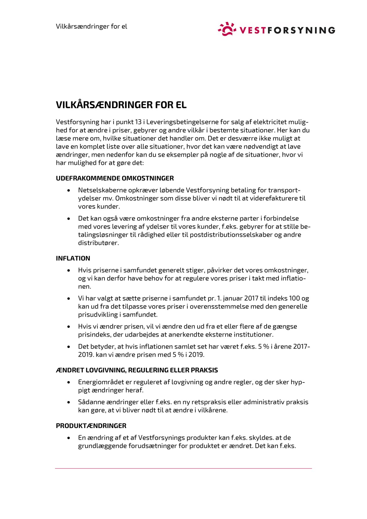 Vilkårsændringer for el